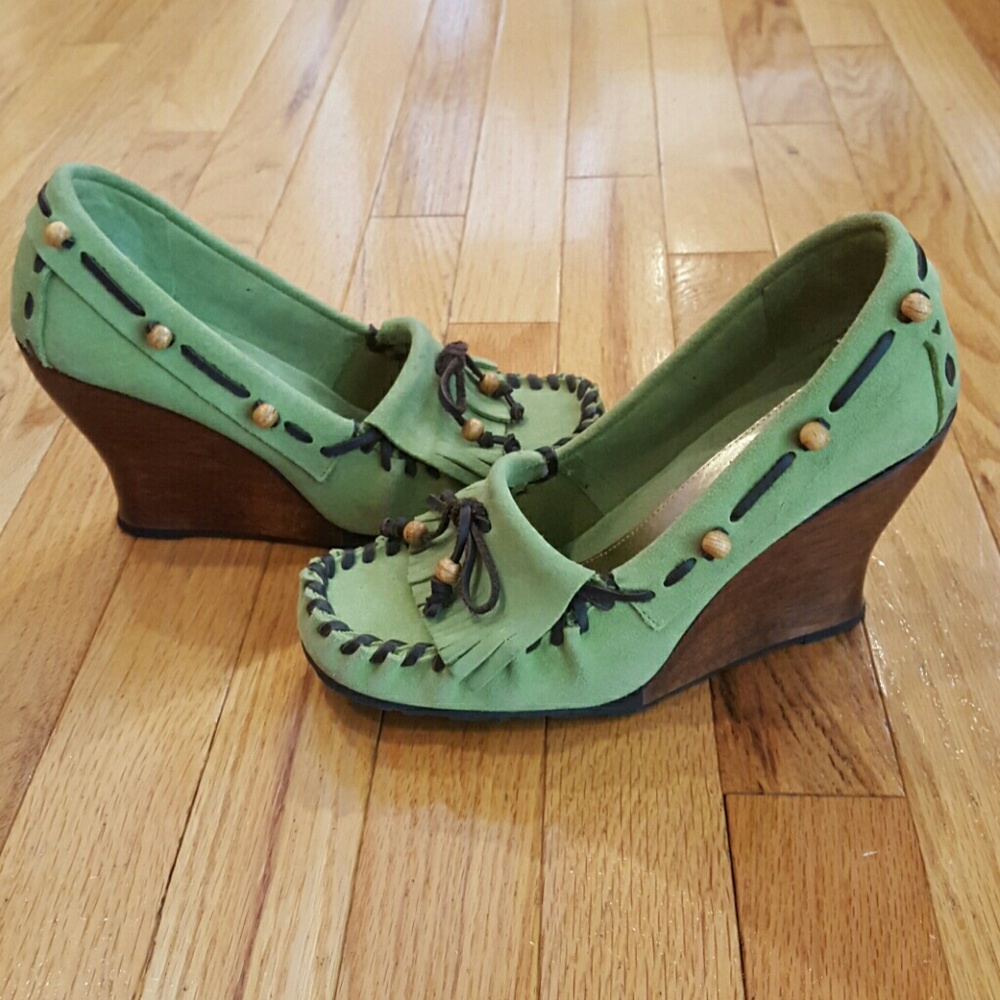 Sam Edelman Green Suede Wood Wedge Heels Moccasin